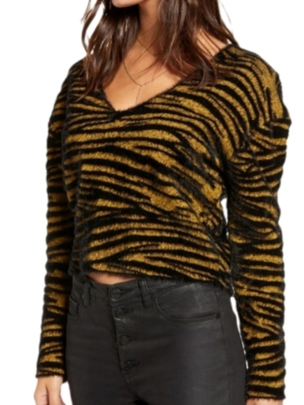 Leith Black and Gold Fuzzy Striped V-Neck Sweater